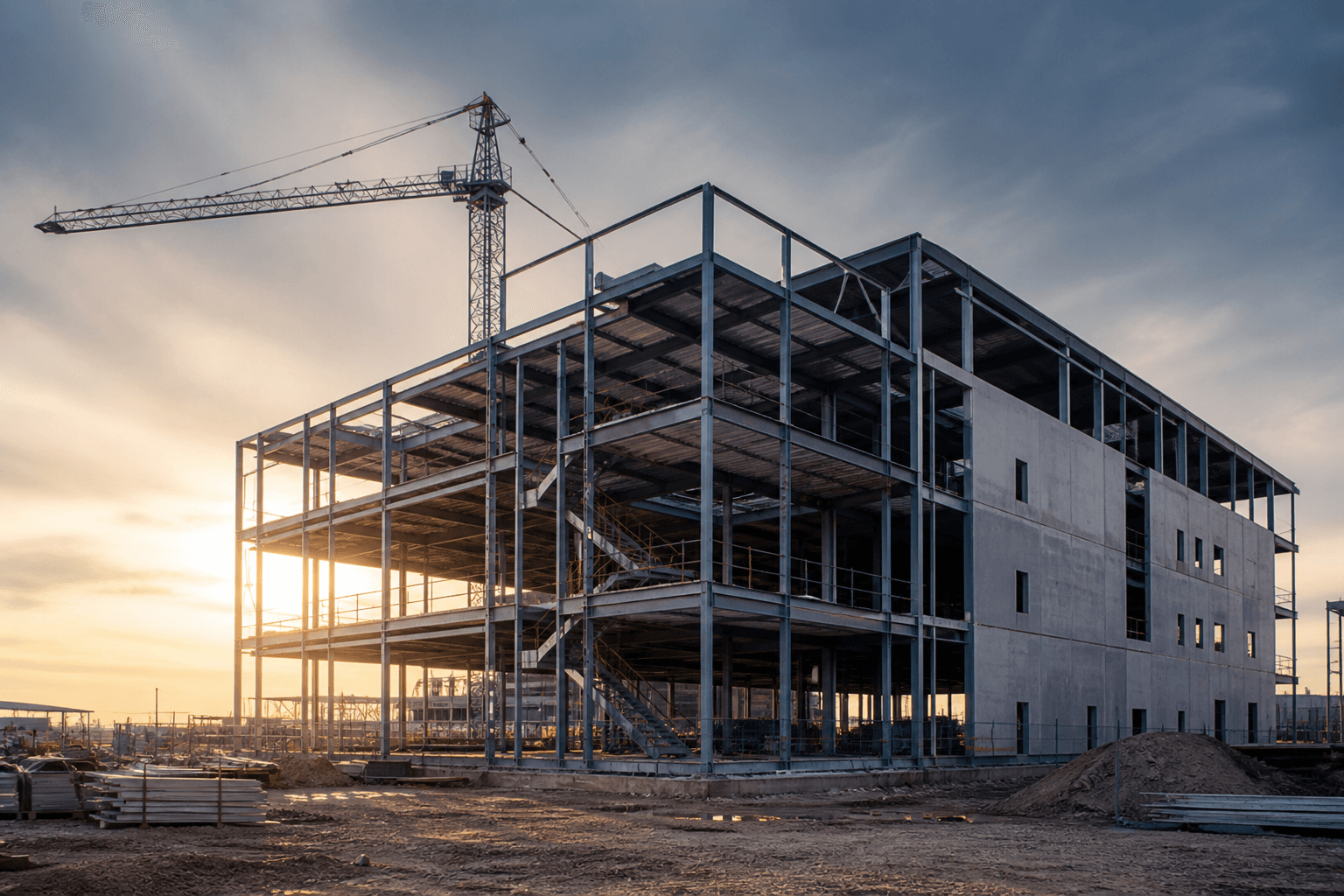 Modern commercial building under construction with steel frame and crane at golden hour