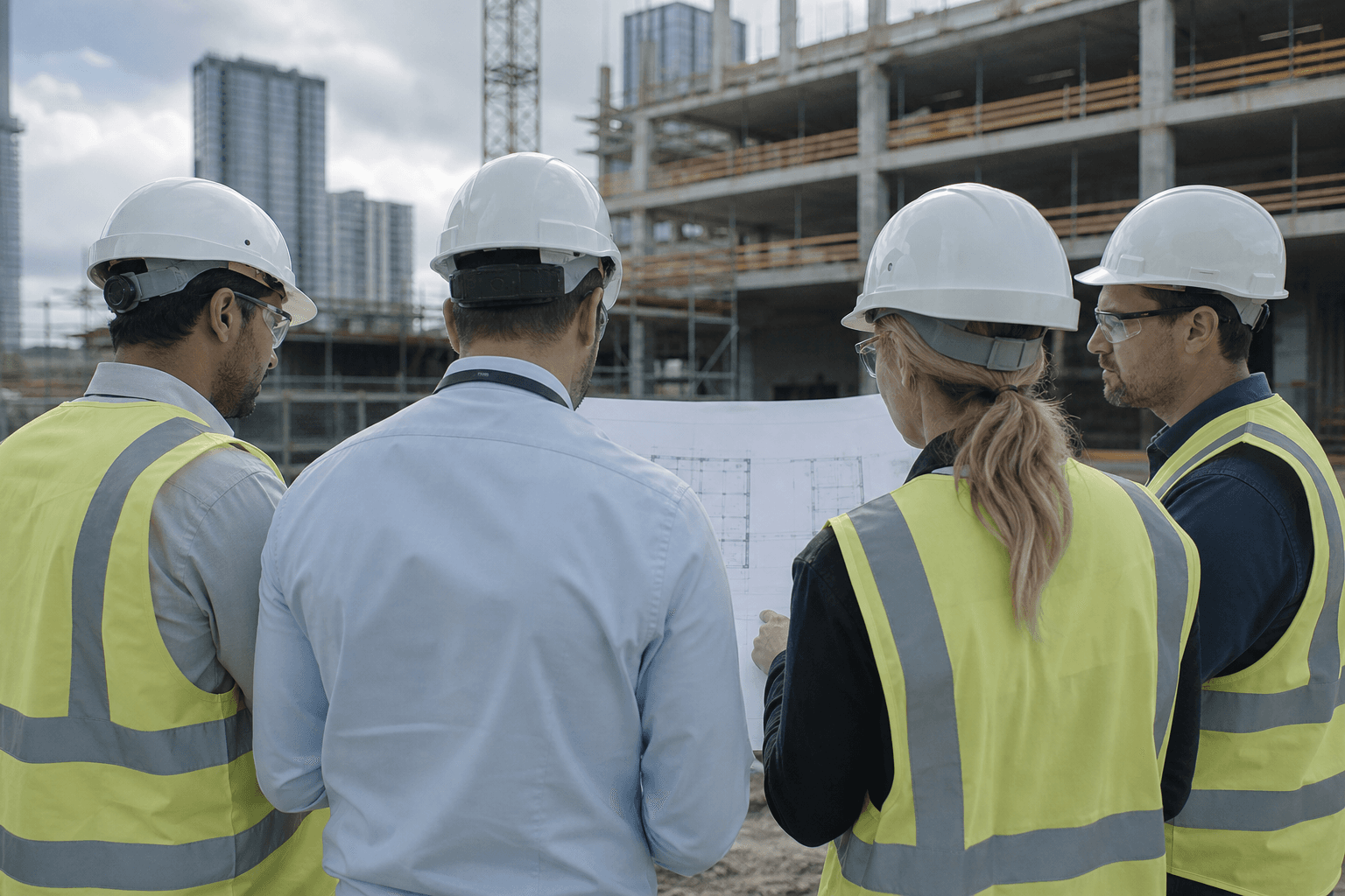 Windox project team reviewing construction plans on an active building site