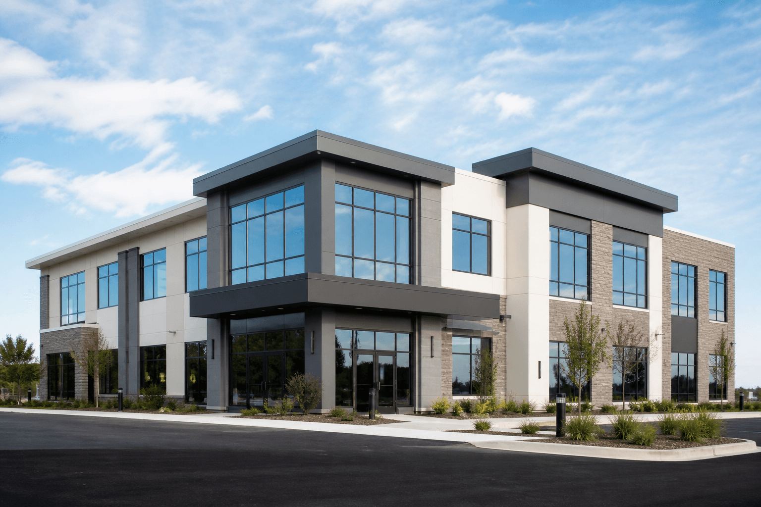 Completed modern commercial office building with glass facade and landscaped entrance