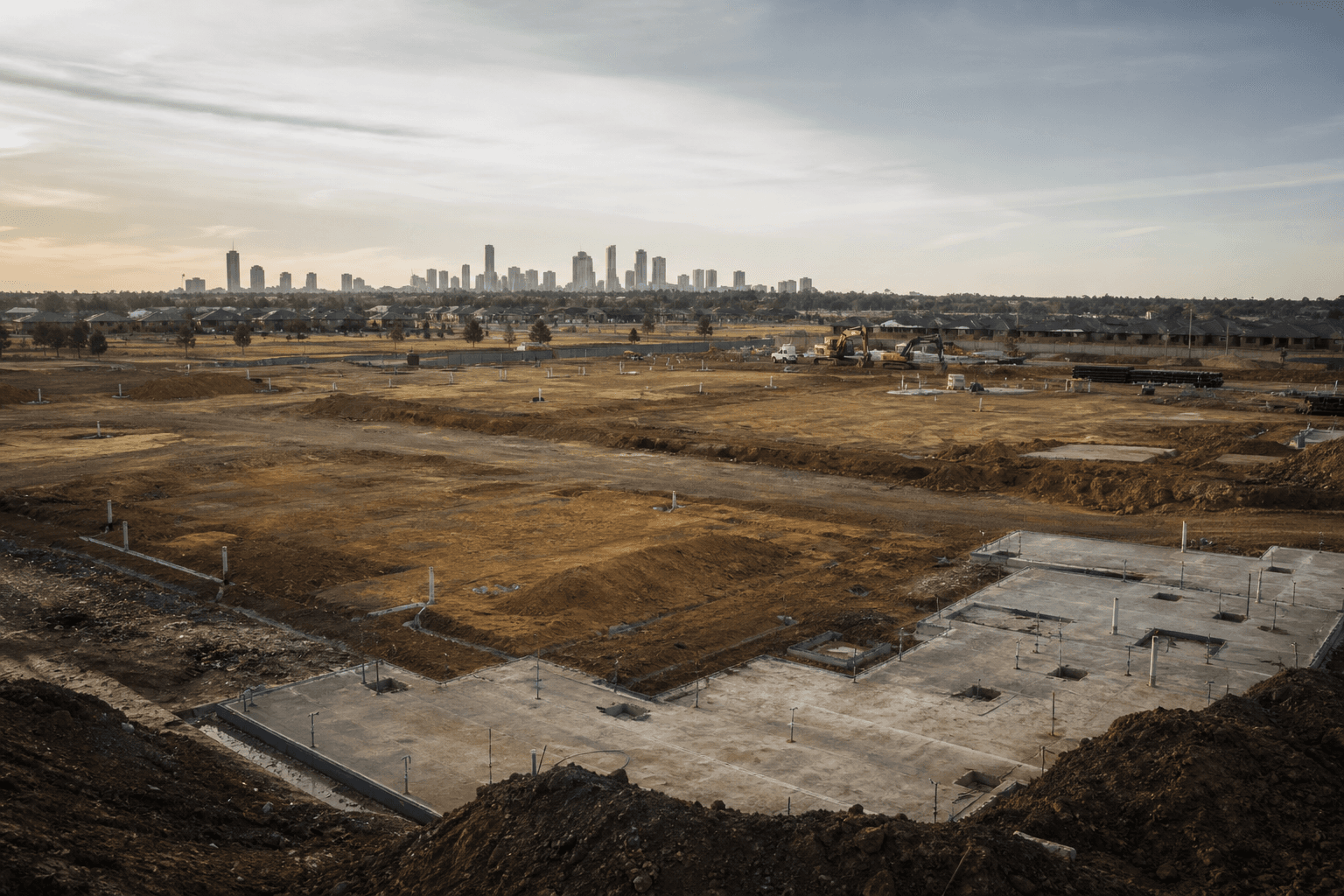 Property development site with foundation works and city skyline in the distance