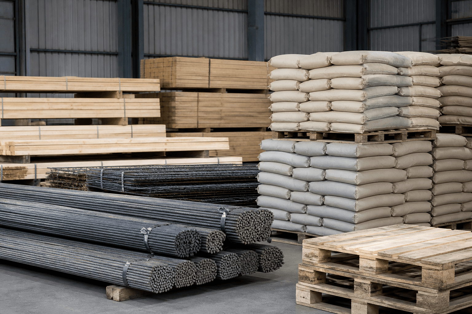 Organised building materials including cement, steel rebar and timber at a supply yard