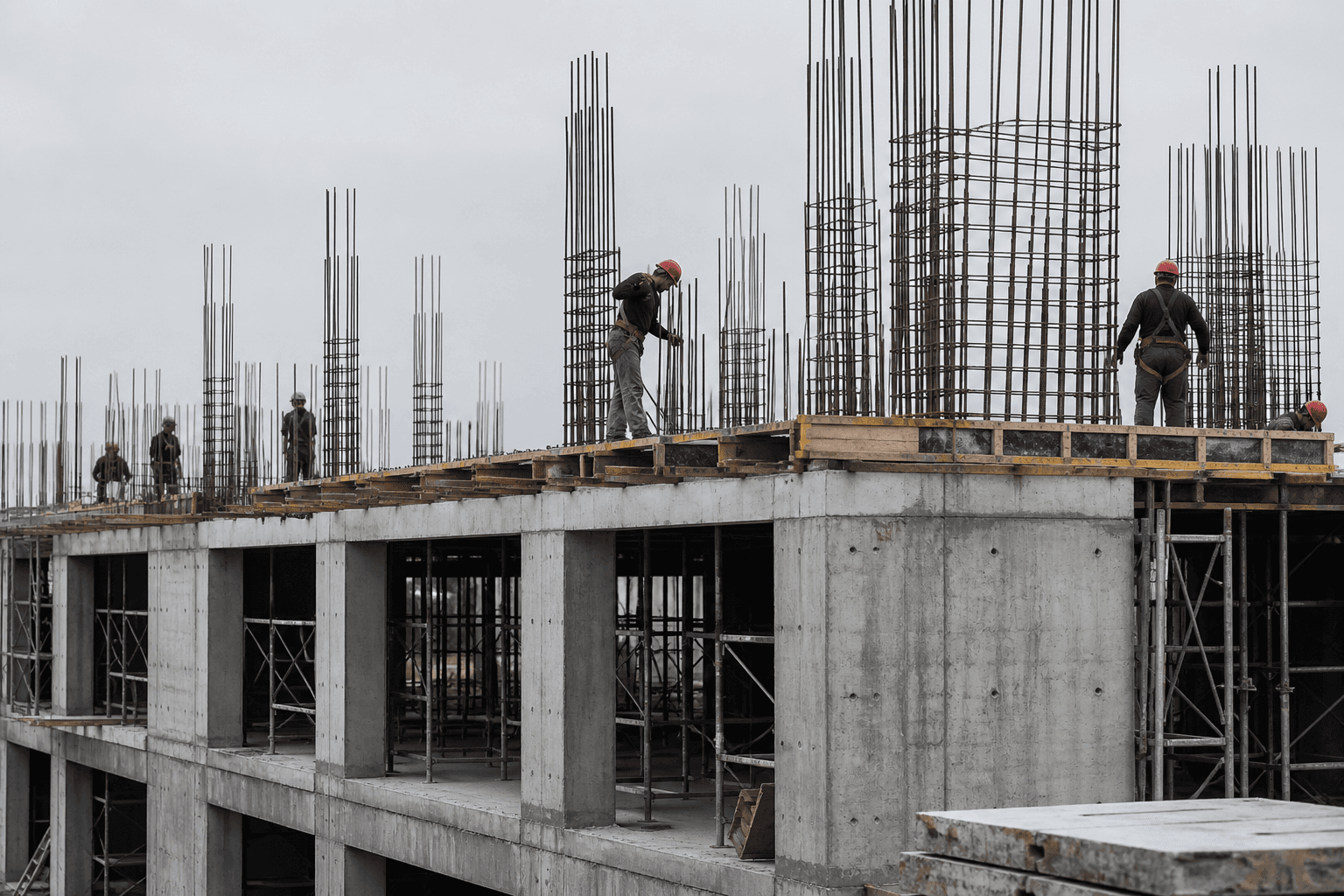 Residential construction site with concrete structure, scaffolding and rebar work in progress