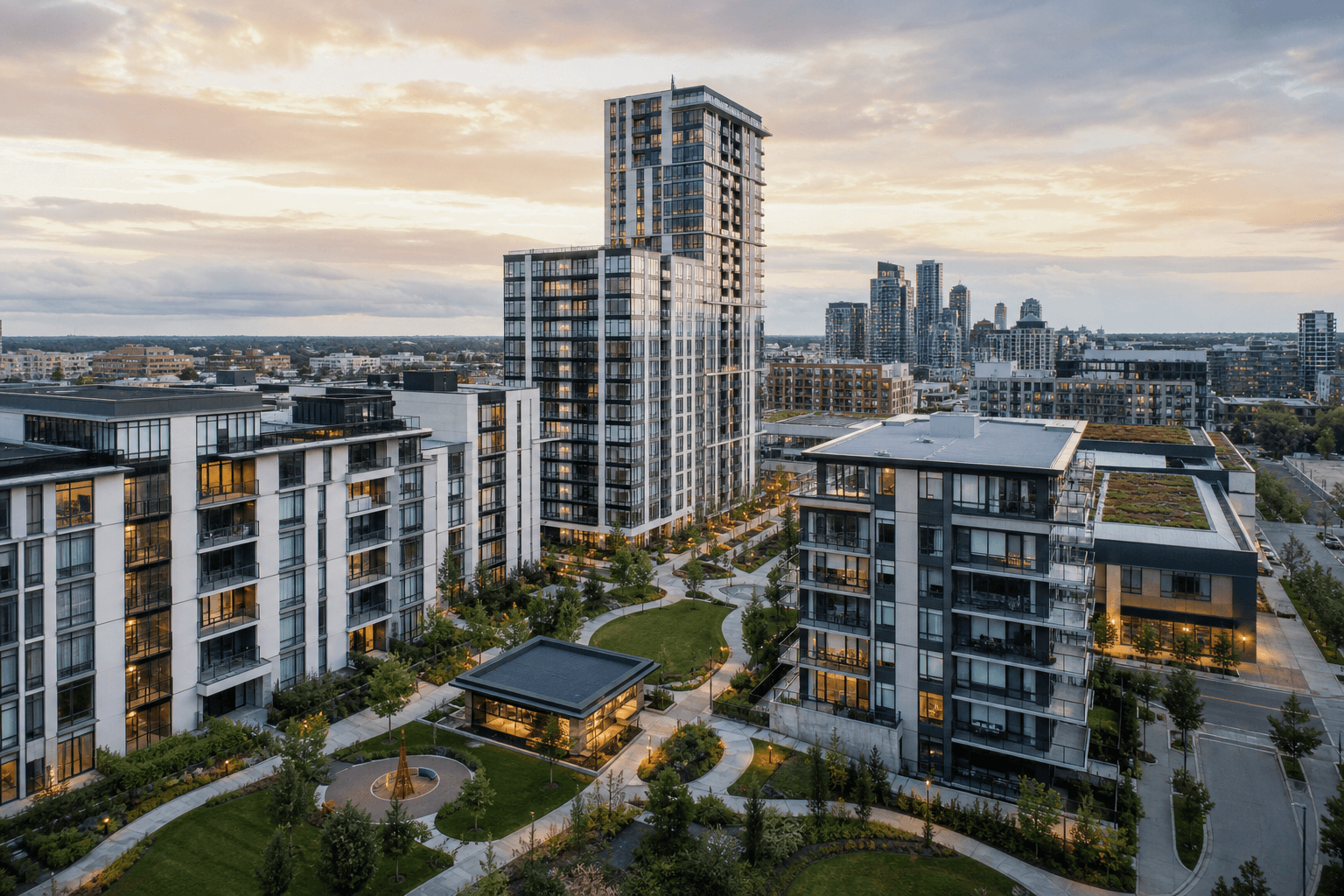 Modern mixed-use real estate development with contemporary apartment blocks and landscaped grounds